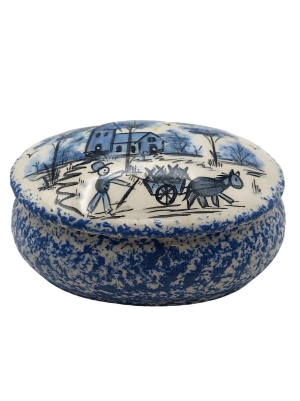 Solveig Blue Spongeware Splatterware Oval Trinket Box Lid Polish Pottery Vintage